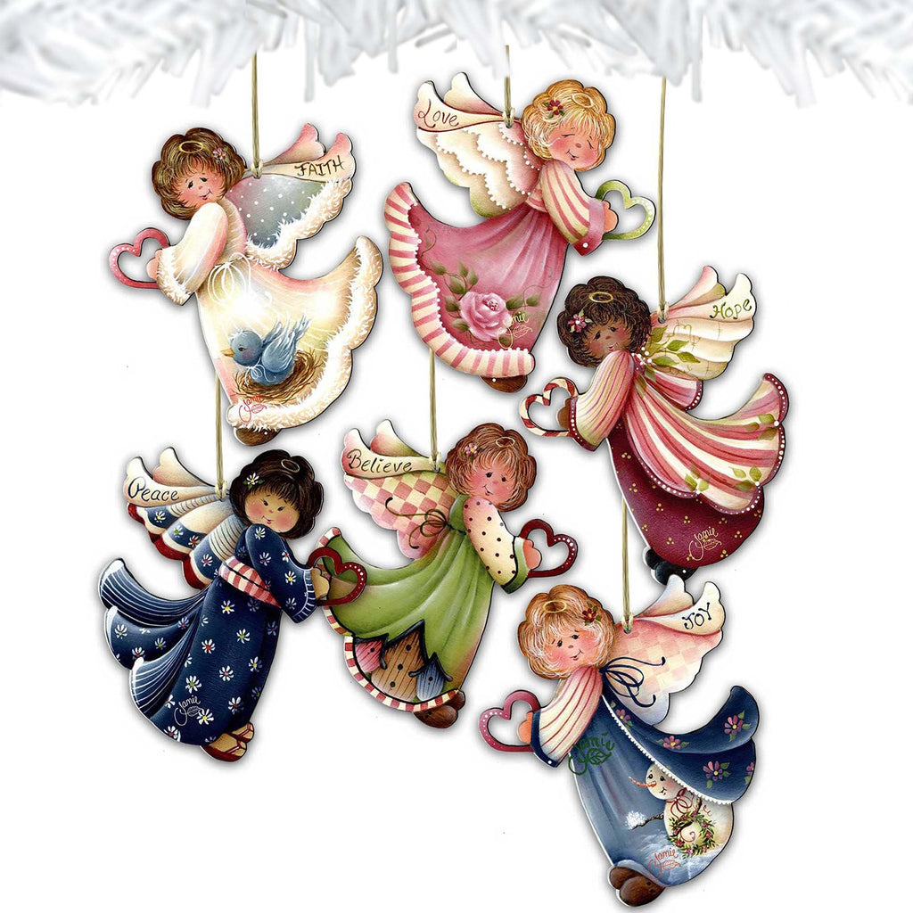 Loving Angels Wooden Ornaments Set of 6 by Jamie Mills-Price - Nativity Holiday Decor - 8457517-S6-MP