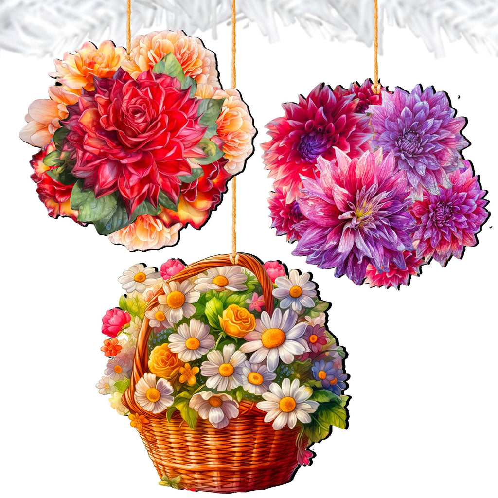 Flower Bouquets Decorative Eco Wood Ornaments Set of 3 by G. Debrekht - Love Family Decor - 8091076-2-S3