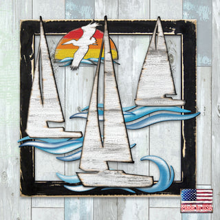 Sailing Boats Sunrise Wooden Wall Decor by G. DeBrekht - Coastal Sea-Life Decor - G985242S3
