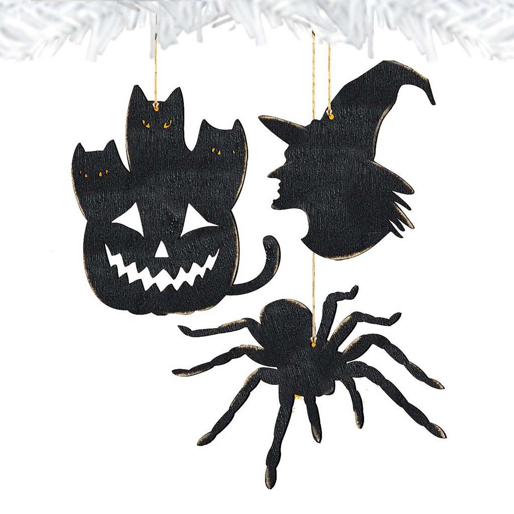 Halloween Wooden Ornaments-Pumpkin, Witch Hat, Spider-Set of 3 - Thanksgiving Halloween Decor - 8100186S3