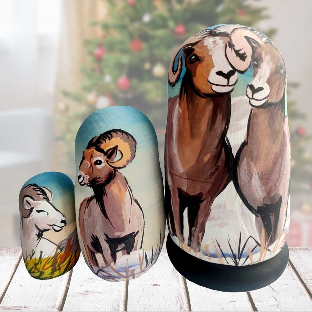 Ram Matreshka Nesting Hand-Painted Doll Set of 3 by G. DeBrekht - Wildlife Holiday Decor - 14773