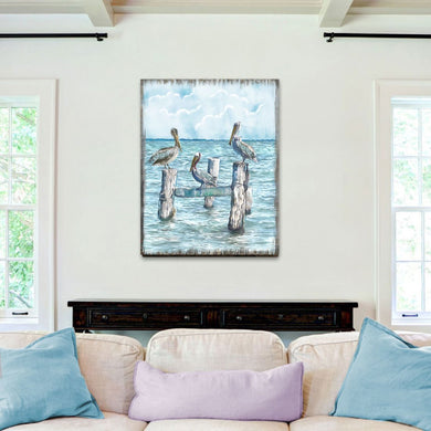 Waiting for a Catch Pelicans Wooden Coastal Wall Art by Nature Wonders - Coastal Sea-Life Decor - 95252-5B