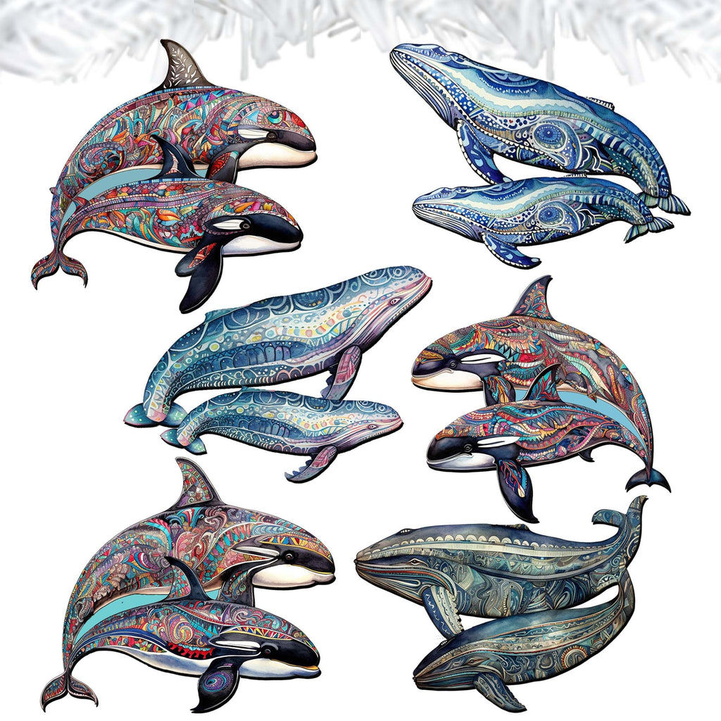 Embracing Whales Clip-On Eco Wood Decorative Ornaments Set of 6 by G. Debrekht - Wildlife Decor - 8090107C-S6