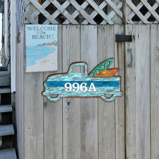 Surfer Truck Surfboards Personalized House Number Sign by G. Debrekht - Coastal Sea-Life Decor - Handcrafted Wooden Handcrafted Wooden Handcrafted Wooden Address Sign - MA8698554
