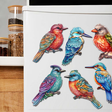 Colorful Birds Decorative Eco Wood Magnets Set of 6 by G. Debrekht - Wildlife Decor - 8090003G-S6