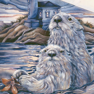 two otters swimming in a body of water, with a lighthouse in the background.