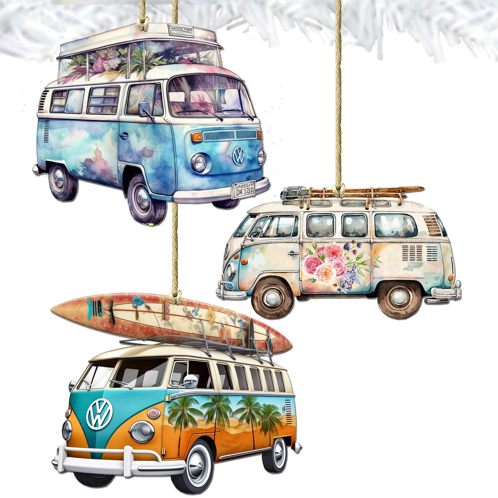 Surf Vans Decorative Eco Wood Ornaments Set of 3 by G. Debrekht - Coastal Decor - 8091040-S3