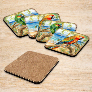 Parrots Wooden Cork Coasters Gift Set of 4 by G. Debrekht - Coastal Holiday Decor - 8199451C-S4