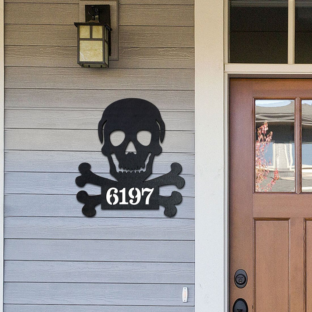 Skull and Bones Wooden Personalized House Number Sign by G. Debrekht - Thanksgiving Halloween Decor - Handcrafted Wooden Address Sign - MA8198443