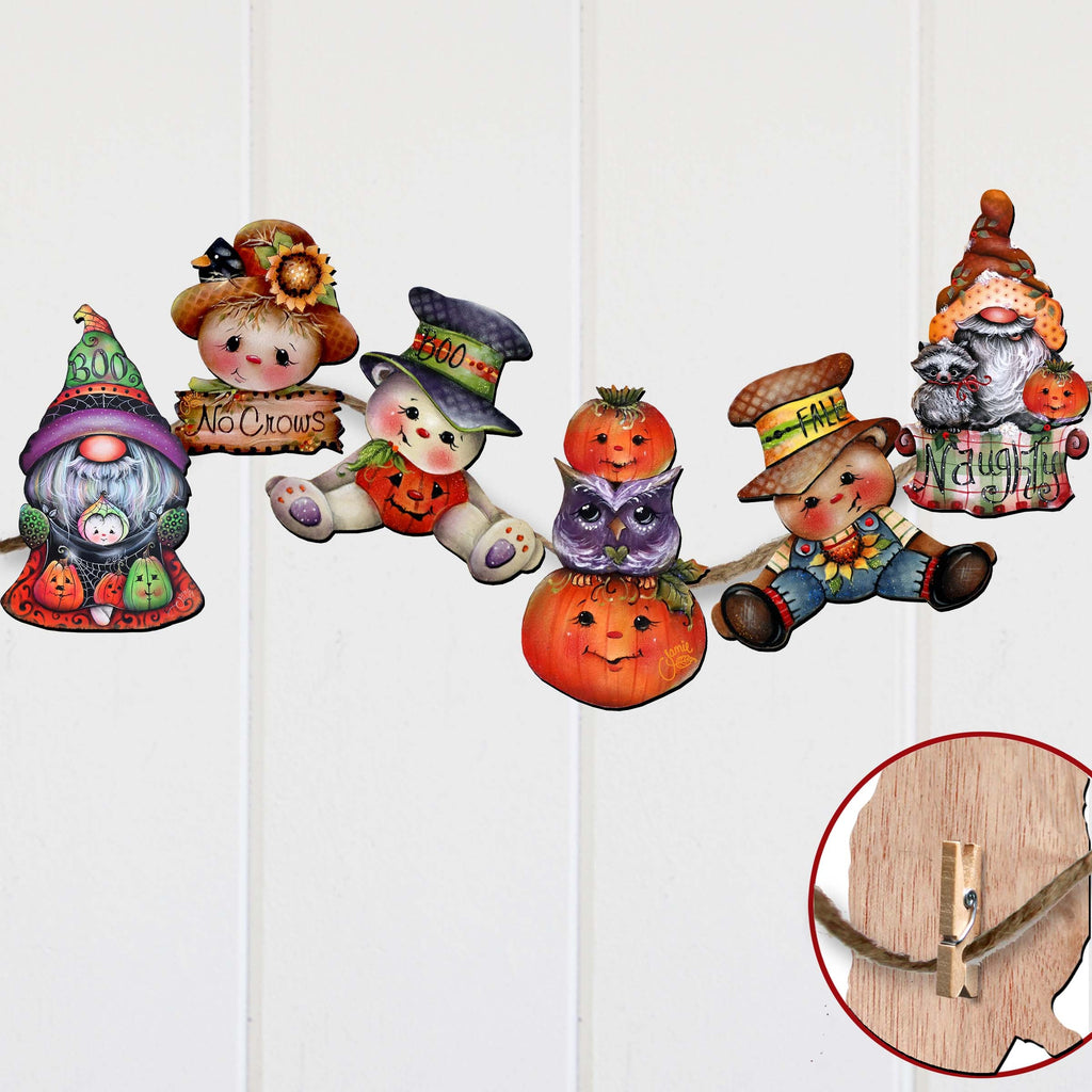 Hello Fall - Pumkin, Scarecrow, Gnome Clip-On Eco Wood Decorative Ornaments Set of 6 by Jamie Mills-Price - Thanksgiving Decor - 8090047C-MP-S6