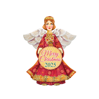 An illustration of an angel figure holding a sign that says