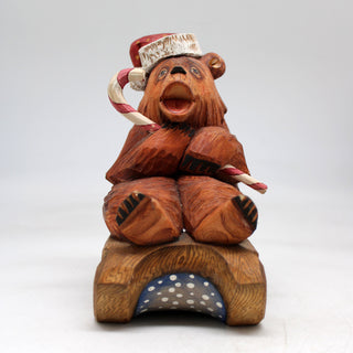 One-of-a-Kind Bear with Candy Cane WOODCARVED Figurine 6x4.5x3.5