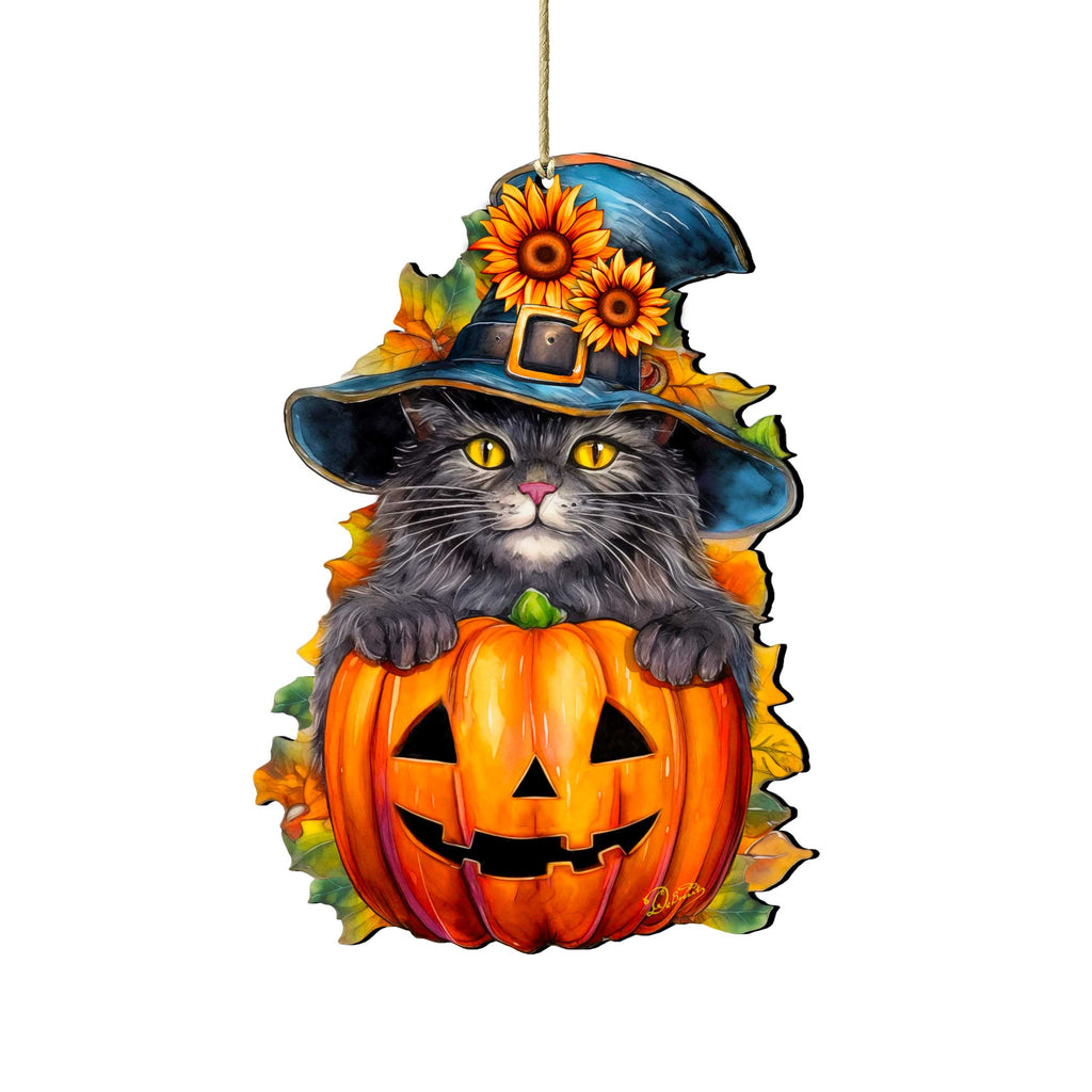 Black Cat Pumpkin Wooden Ornaments by G. Debrekht Halloween Decor - 8652794