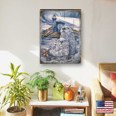 Starlight Otter Lighthouse Wooden Wall Art by J. Bergsma - Nature Wildlife Decor - 8592572BP-JB