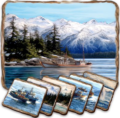 A scenic landscape with a large boat on a lake, surrounded by snow-capped mountains and pine trees. The image is framed with a border of wooden planks, and there are six smaller images of boats on the lake below.
