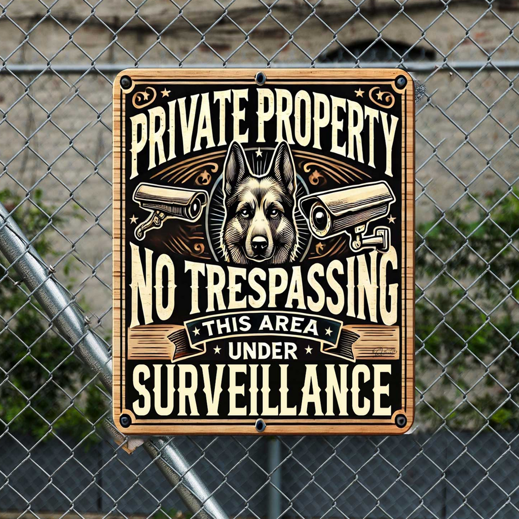 a sign with a dog's head and two security cameras, indicating a private property with no trespassing and no surveillance.