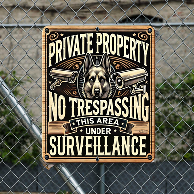 a sign with a dog's head and two security cameras, indicating a private property with no trespassing and no surveillance.