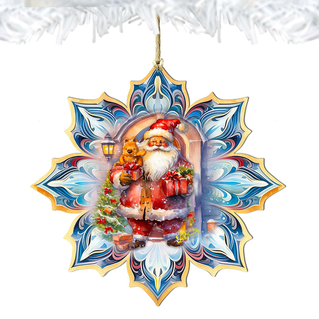 Santa with Gifts Snowflake Large Wooden Ornament by G. Debrekht - Christmas Santa Snowman Decor - 8688421M