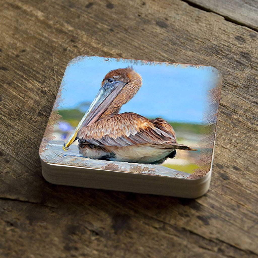 Pelican Coastal Wooden Cork Coasters Gift Set of 4 by Nature Wonders - Coastal Sea-Life Decor - 95325C-S4
