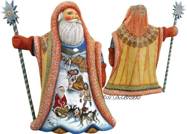 A colorful, hand-painted figurine of Santa Claus holding a star and a staff, with intricate designs and scenes depicting various holiday-related elements.