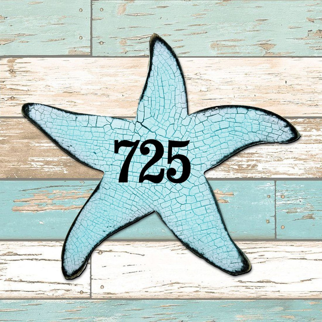 Starfish Coastal Wooden Personalized House Number Sign by G. Debrekht - Coastal Sea-Life Decor - Handcrafted Wooden Handcrafted Wooden Handcrafted Wooden Address Sign - MA98531