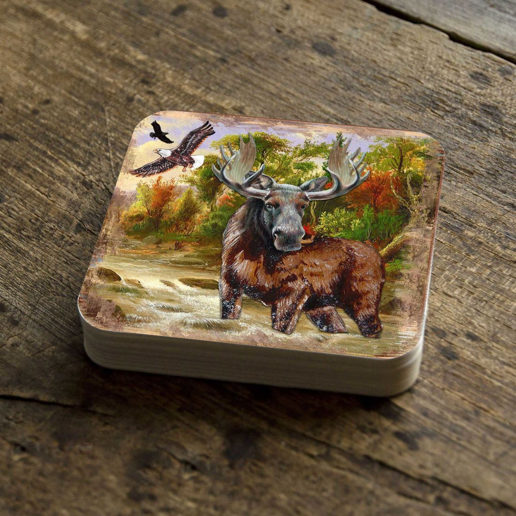 Moose Wooden Cork Coasters Gift Set of 4 by Nature Wonders - Nature Wildlife Decor - 95216-2C-S4