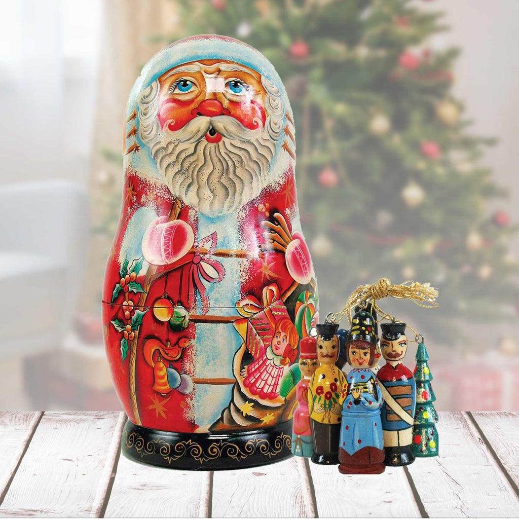 Toy Bag Santa Hand-Painted Doll with Set of Wooden Ornaments by G. DeBrekht - Christmas Santa Snowman Decor - 110712