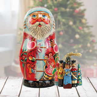 Toy Bag Santa Hand-Painted Doll with Set of Wooden Ornaments by G. DeBrekht - Christmas Santa Snowman Decor - 110712