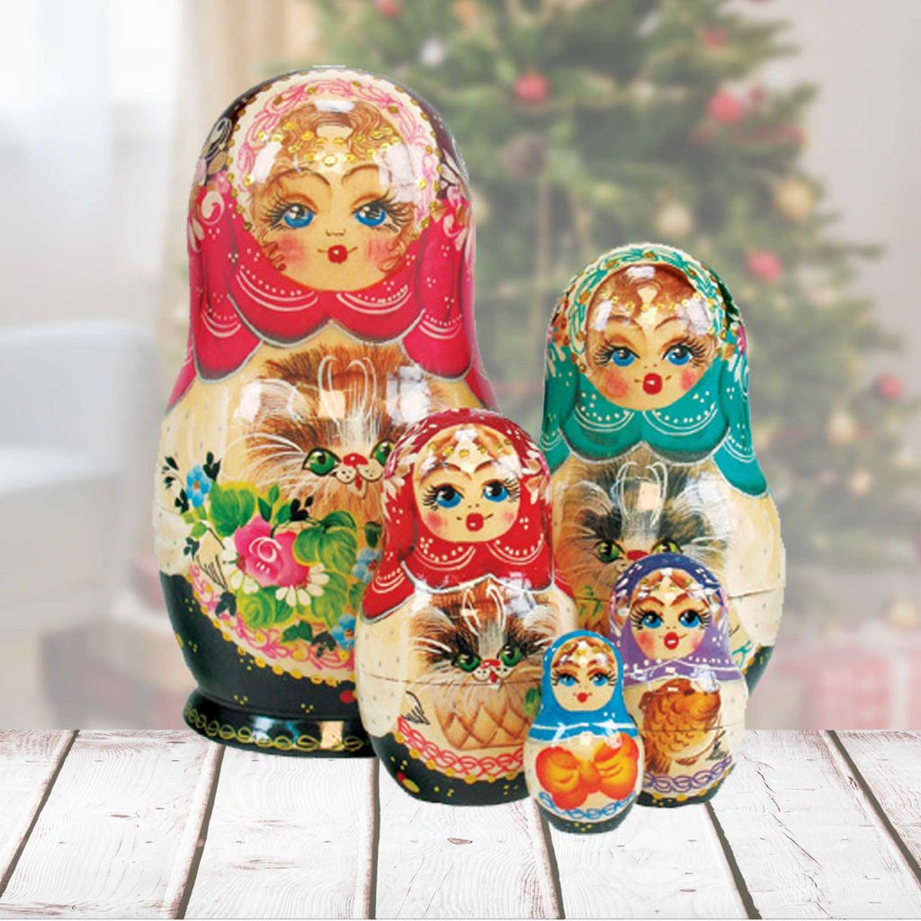 Kitty Cat Matreshka Stacking Hand-Painted Dolls Set of 5 by G. DeBrekht - Pets Dog and Cats Decor - 1300943