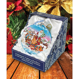 Santa Gift Giver Blue Ball Glass Ornament Limited Edition by G. DeBrekht - Christmas Santa Snowman Decor - 73874B