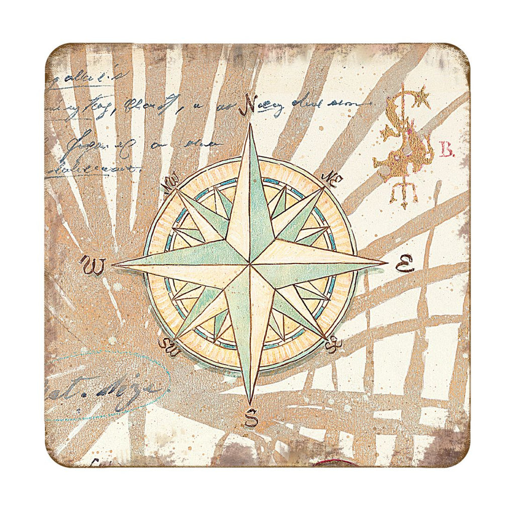 Compass Coastal Wooden Cork Coasters Gift Set of 4 by Nature Wonders - Coastal Sea-Life Decor - 8198620C-S4