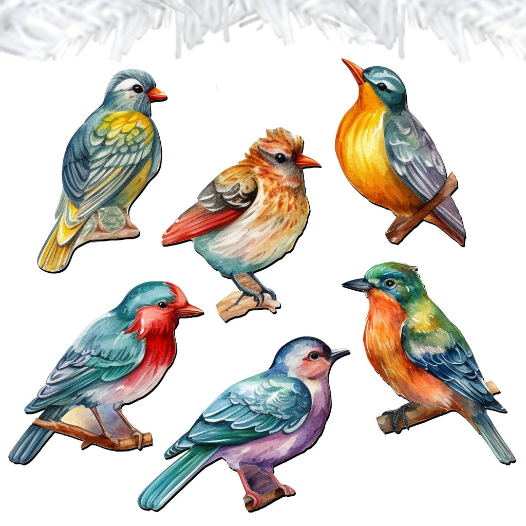 Forest birds Clip-On Eco Wood Decorative Ornaments Set of 6 by G. Debrekht - Christmas Decor - 8090015C-S6