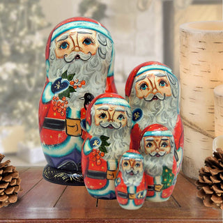 Birdy Santa Matreshka Nesting Hand-Painted Doll Set of 5 by G. DeBrekht - Christmas Santa Snowman Decor - 110074