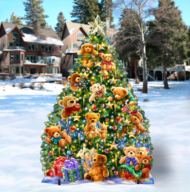 A large, elaborately decorated Christmas tree adorned with various teddy bears and ornaments stands in a snowy landscape, with a house and trees visible in the background.