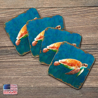Sea Turtle Coastal Wooden Cork Coasters Gift Set of 4 by Nature Wonders - Coastal Sea-Life Decor - 95266C-S4