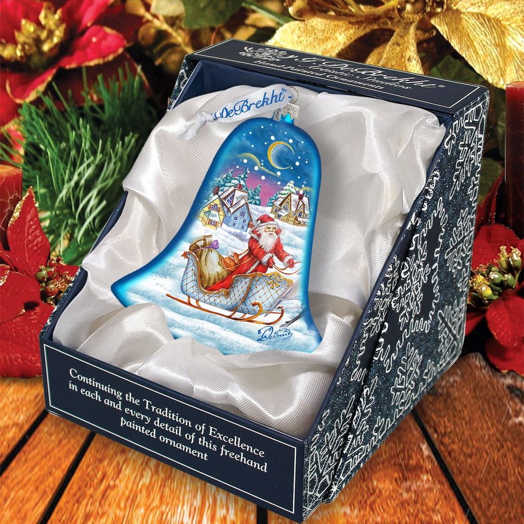 Santa Sleigh Bell Glass Ornament by G. DeBrekht - Christmas Santa Snowman Decor - 73341