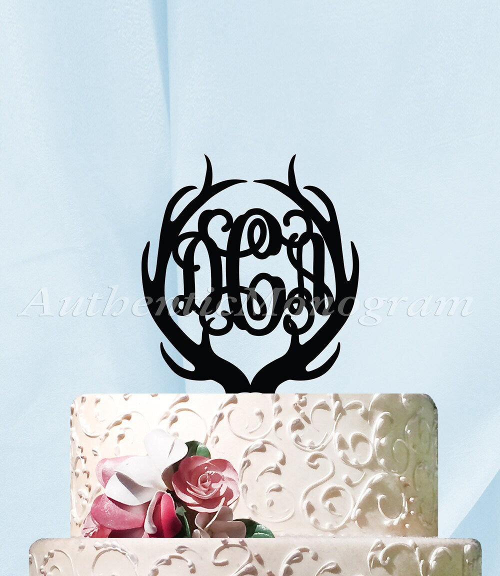 Wedding Cake Topper - Personalized Cake Topper, Deer Antlers Three letter Cake Topper, Wooden Cake Topper, Unpainted