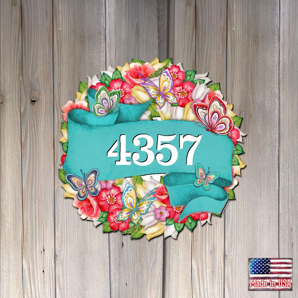 Floral Wreath Wooden Personalized House Number Sign by G. Debrekht - Love Family Kids Decor - Handcrafted Wooden Handcrafted Wooden Address Sign - MA81853033
