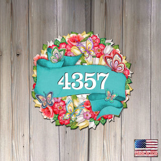 Floral Wreath Wooden Personalized House Number Sign by G. Debrekht - Love Family Kids Decor - Handcrafted Wooden Handcrafted Wooden Address Sign - MA81853033