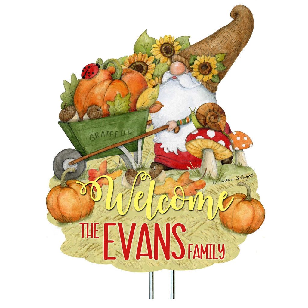 Personalized Outdoor Garden Stakes Fall Decoration - Custom Harvest Gnome Welcome Sign - Wheelbarrow Cornucopia - Handmade Gift - Thanksgiving Decor by Susan Winget - 8471207MC-SW