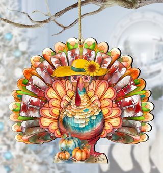 A colorful, hand-painted turkey ornament with a sunflower on its head, hanging from a branch.