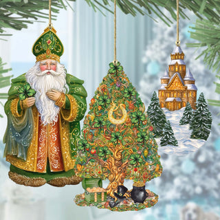 Santas Around the World - Irish Inspired Santa - Eco Wood Ornaments Set of 3 by G. DeBrekht Christmas Santa Snowman Decor - 8091306S3