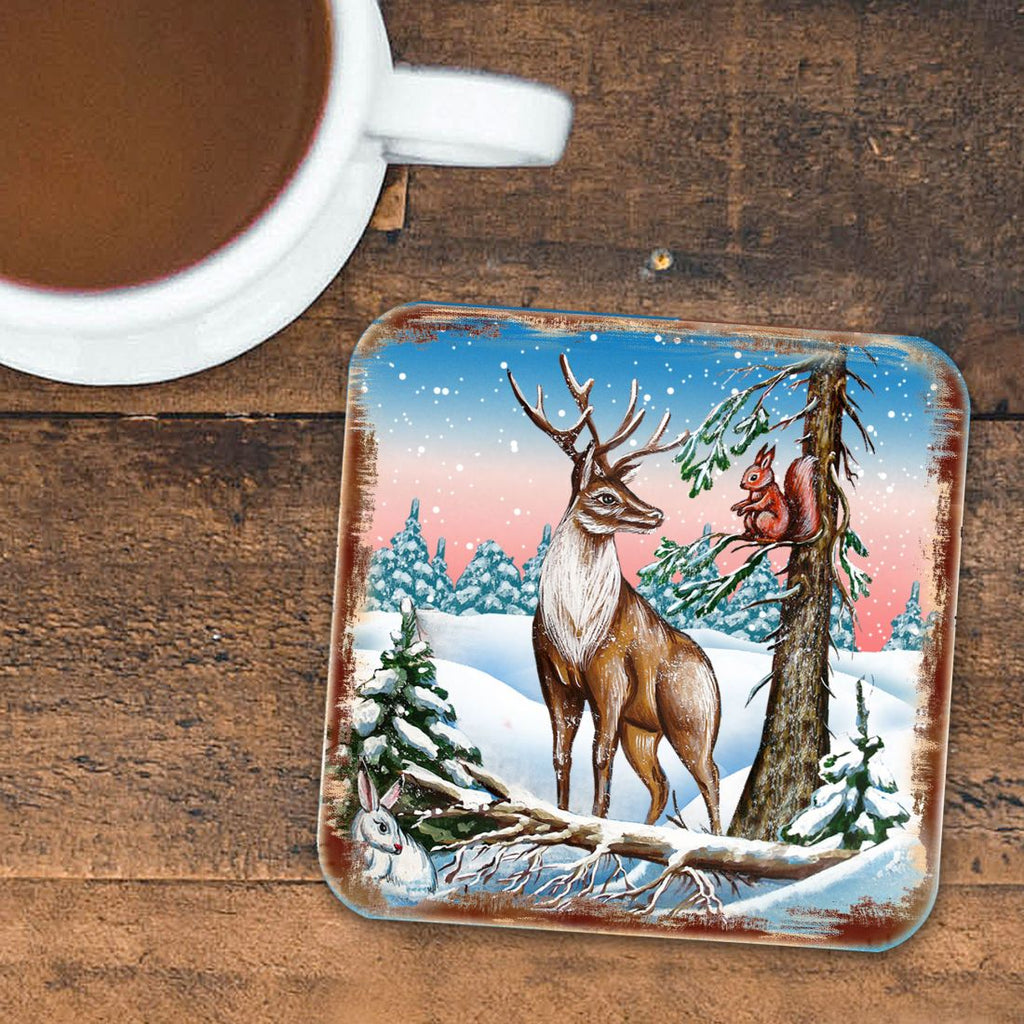 Deer Wooden Cork Coasters Gift Set of 4 by Nature Wonders - Nature Wildlife Decor - 95379C-S4