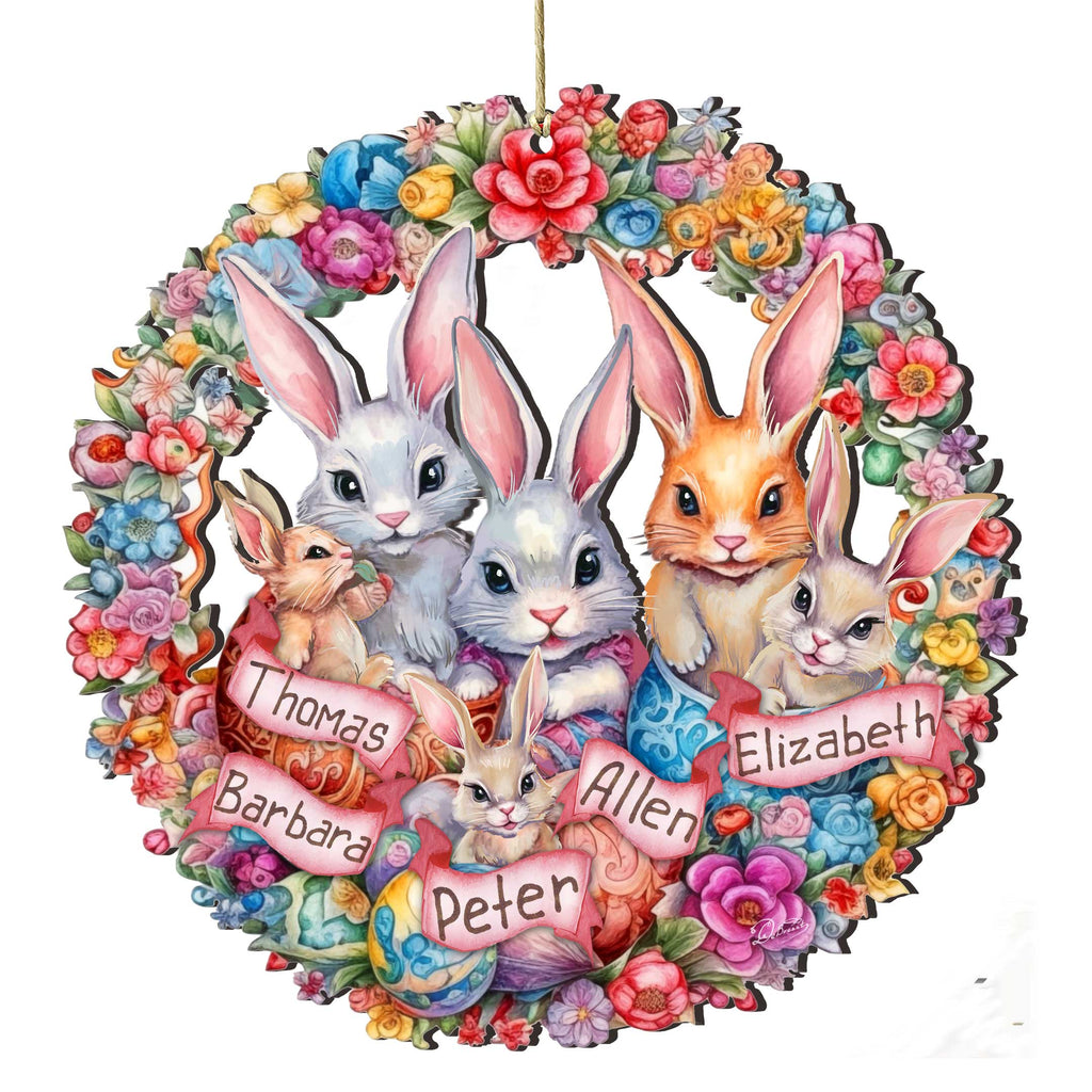Personalized Family Easter Ornaments, Easter Basket Tag - Family Member Names Bunny Wreath Wooden Ornaments by G. Debrekht Easter Spring Decor - 8652786P