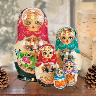 Kitty Cat Matreshka Stacking Hand-Painted Dolls Set of 5 by G. DeBrekht - Pets Dog and Cats Decor - 1300943