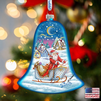 Santa Sleigh Bell Glass Ornament by G. DeBrekht - Christmas Santa Snowman Decor - 73341