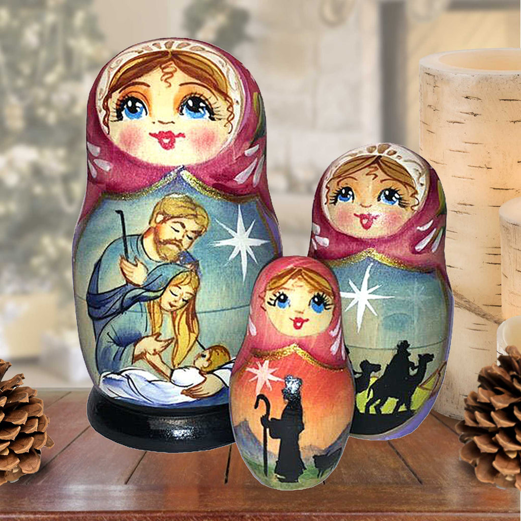 Story of Nativity Matreshka Nesting Hand-Painted Doll Set of 3 by G. DeBrekht - Nativity Decor - 110531