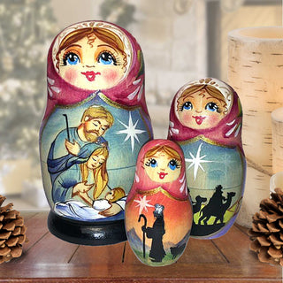 Story of Nativity Matreshka Nesting Hand-Painted Doll Set of 3 by G. DeBrekht - Nativity Decor - 110531