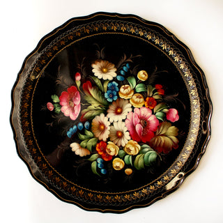Zhostovo Floral Hand-Painted Black Metal Tray 17x17 - Handmade Kitchenware and Gift One-of-a-Kind Work of Art by G. Debrekht - Functional Kitchenware Table and Unique Wall Decor