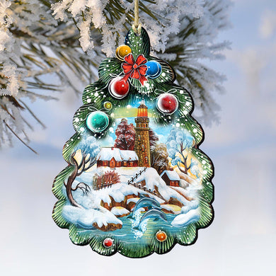 Lighthouse Tree Wooden Ornaments by G. DeBrekht - Coastal Holiday Decor - 8119185